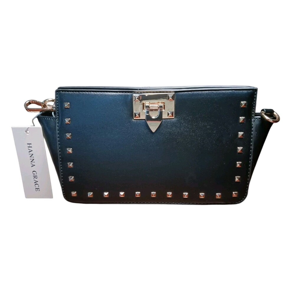 NEW Hanna Grace Black Faux Leather Gold Studded Crossbody Bag Detachable Strap